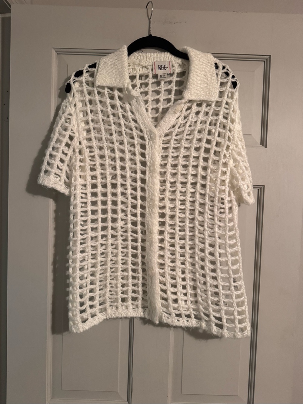 BDG Cream Open-Weave Collared Short Sleeve Cardigan